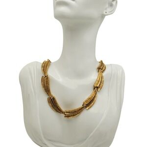 Hope Chest Choker Necklace Gold Tone Brushed Textured Leaf Link Mid Century Vtg